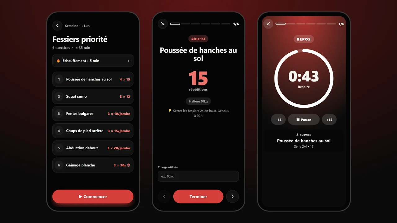 Trois écrans d’Elo Fitness : la liste des exercices de la séance, un exercice en plein écran avec le bouton Terminer, et le minuteur de repos