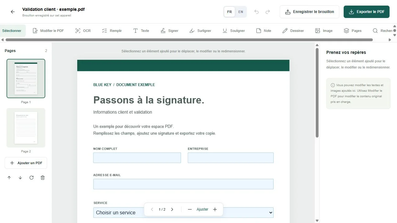 BlueKey PDF Editor : outils de remplissage, signature et édition d’un document exemple